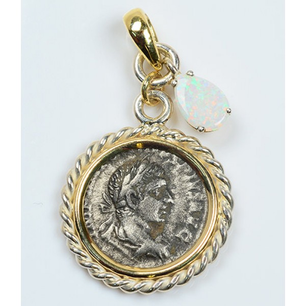 Authentic Ancient Roman Silver Denarius in 14kt gold and Sterling Silver Pendant with Opal 